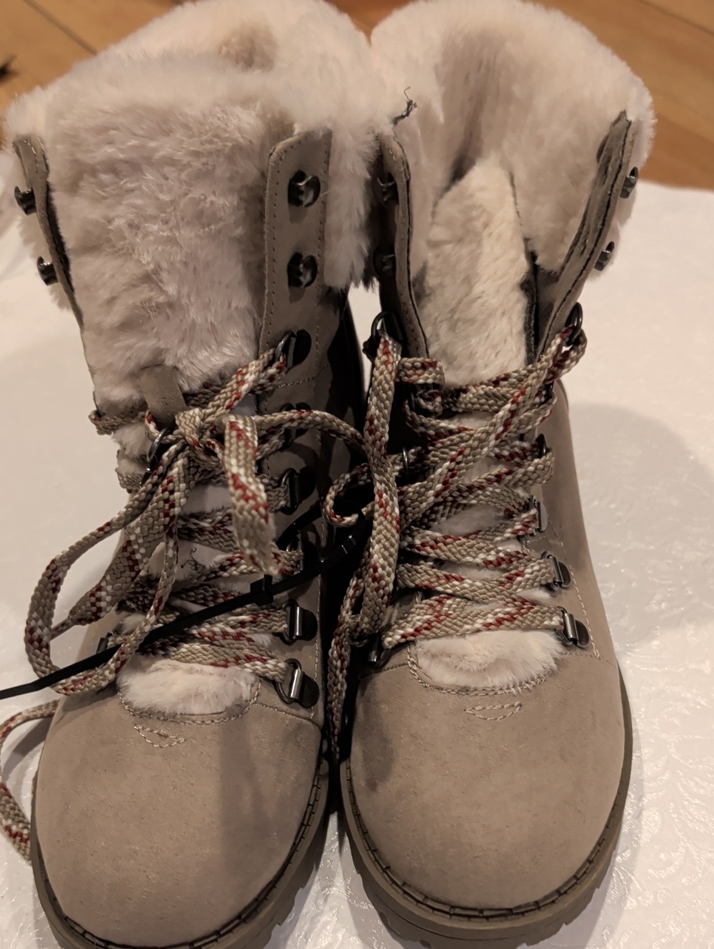Jellypop Taupe Faux-Suede Lace-Up Winter Boots with White Faux-Fur Collar